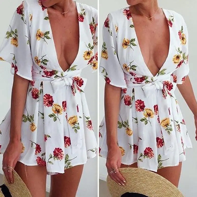 New Combishort Femme Women Jumpsuit Sexy Floral V-Neck Playsuit Ladies Shorts Beach Bodysuit 3