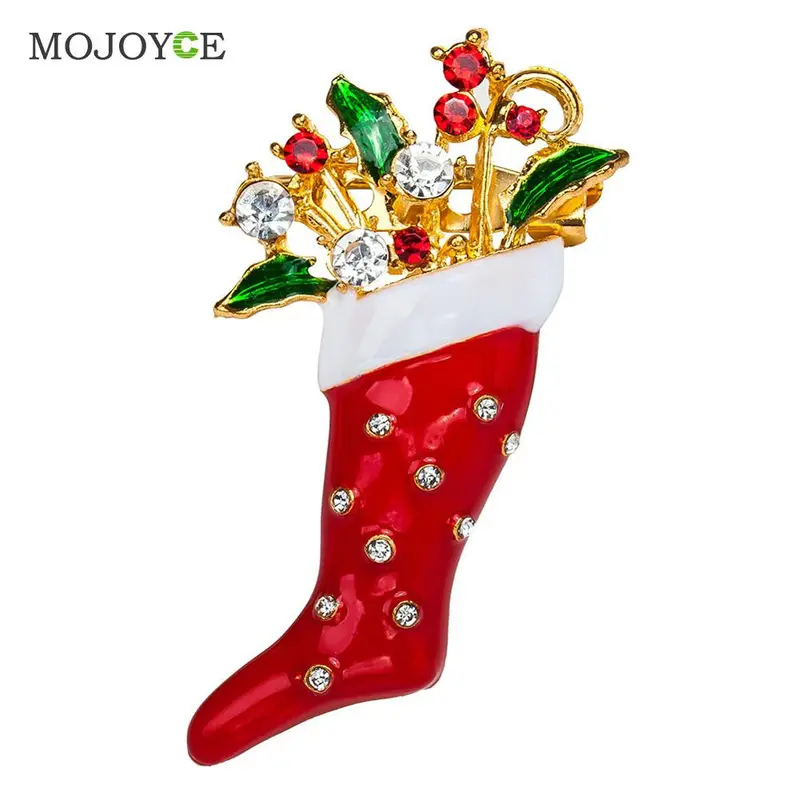 New Crystal Rhinestone Enamel Brooch Pin Christmas Stocking Shape Pin Brooch Wedding Party Christmas Gift Jewelry Party Supplies 1
