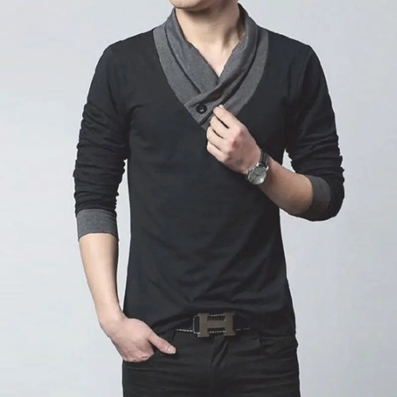 New Fashion Casual Slim Fit Solid Color V-Neck Long-Sleeved Men's T-Shirt Casual Cotton Shirts 1