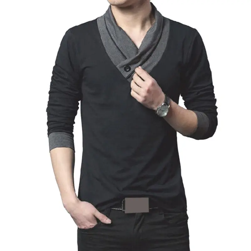 New Fashion Casual Slim Fit Solid Color V-Neck Long-Sleeved Men's T-Shirt Casual Cotton Shirts 3