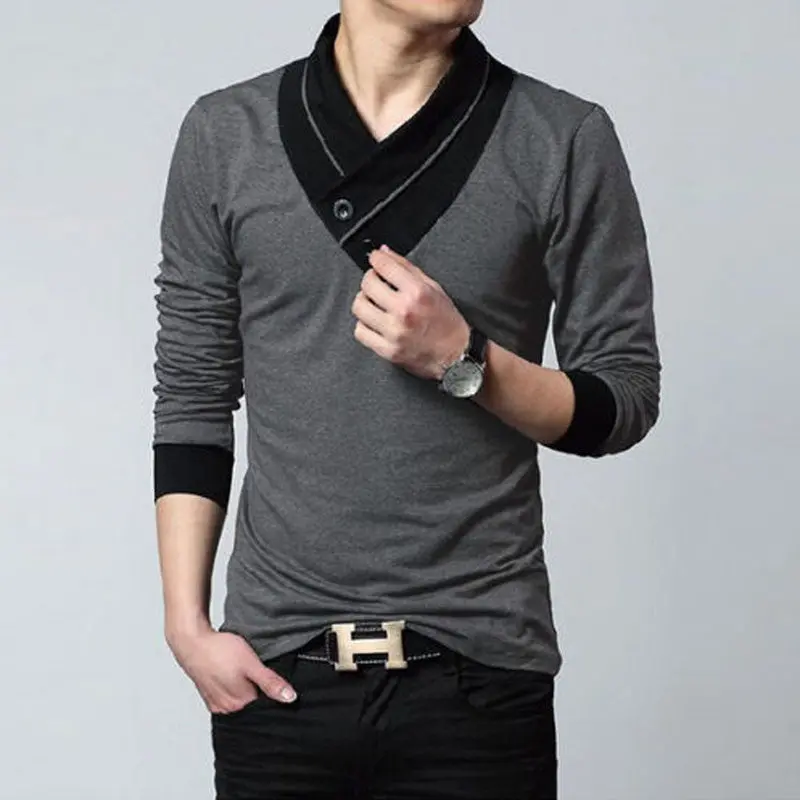 New Fashion Casual Slim Fit Solid Color V-Neck Long-Sleeved Men's T-Shirt Casual Cotton Shirts 4