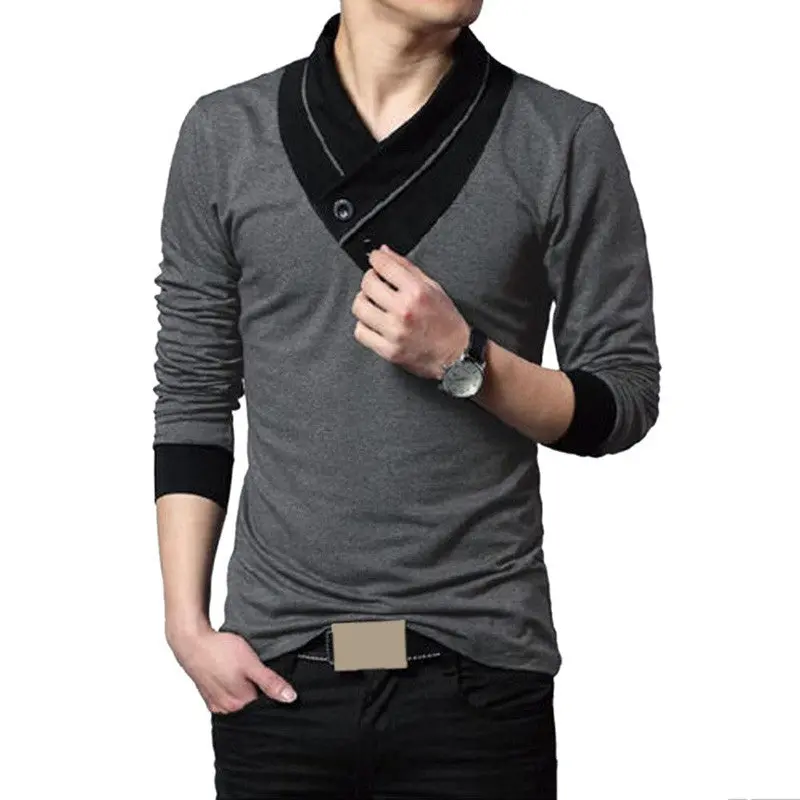 New Fashion Casual Slim Fit Solid Color V-Neck Long-Sleeved Men's T-Shirt Casual Cotton Shirts 4
