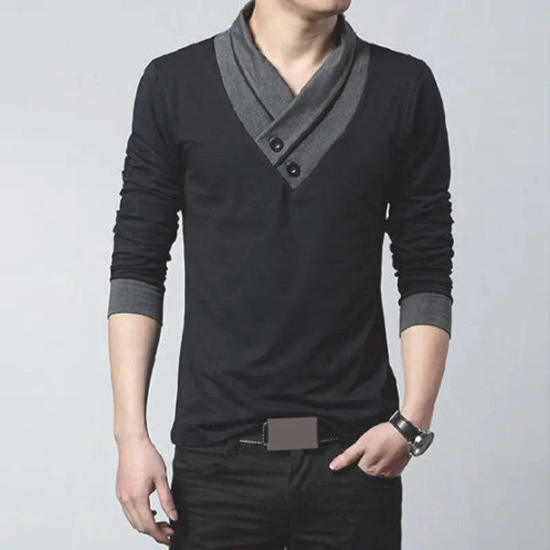 New Fashion Casual Slim Fit Solid Color V-Neck Long-Sleeved Men's T-Shirt Casual Cotton Shirts 5