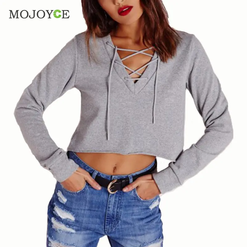 New Fashion Chest Cross Strap Sweatshirt Women Sexy V Neck Women Tops Gray Long Sleeve Sweatshirt Hoodies Pullovers 1