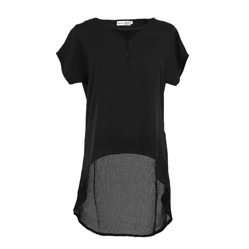 New Fashion Chiffon T Shirt Irregular Hem Mesh O Neck Short Sleeve High Low Tees Top Black Plus Size Women Clothing 3