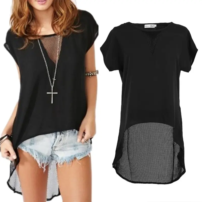 New Fashion Chiffon T Shirt Irregular Hem Mesh O Neck Short Sleeve High Low Tees Top Black Plus Size Women Clothing 4