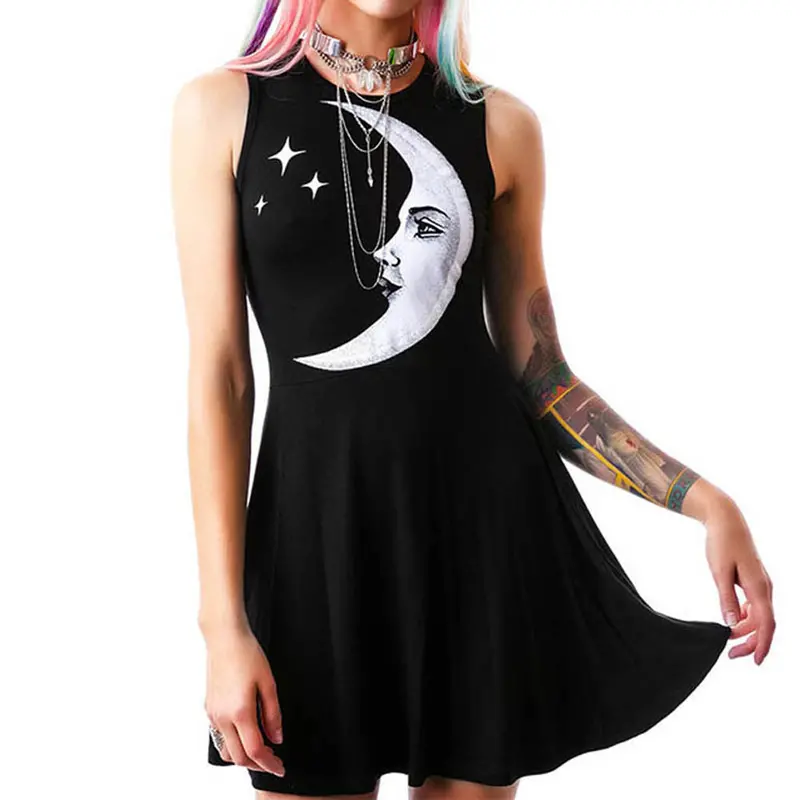 New Fashion Cool Moon Printed Women Dress Sleeveless Short Black Dresses Vestidos Plus Size Vestido De Festa Dress 1