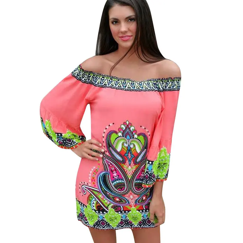 New Fashion Elegant Print Women Dress Beach Casual Cotton Blend Long Sleeve Off The Shoulder Dress Clothing 1
