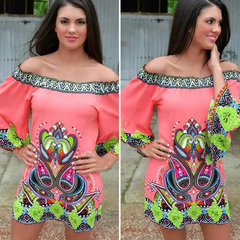 New Fashion Elegant Print Women Dress Beach Casual Cotton Blend Long Sleeve Off The Shoulder Dress Clothing 2