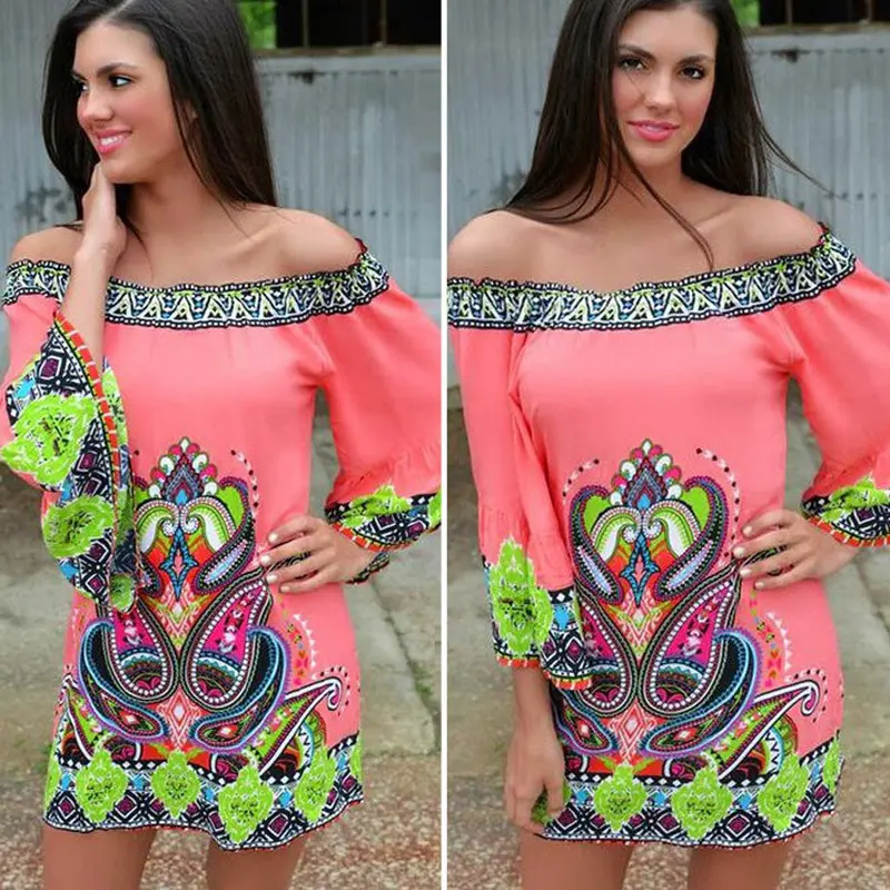 New Fashion Elegant Print Women Dress Beach Casual Cotton Blend Long Sleeve Off The Shoulder Dress Clothing 3