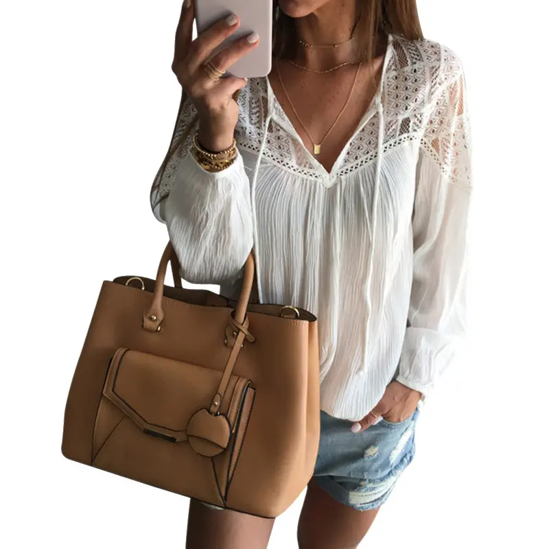 New Fashion Hollow Lace Stitching Long-Sleeved Top Shirt White V-Neck Women Shirts Tops 1