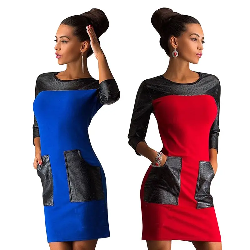 New Fashion Mini Nightclubs Leisure Pu Leather Stitching Pocket Dress 3