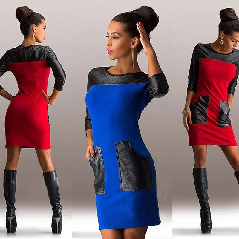 New Fashion Mini Nightclubs Leisure Pu Leather Stitching Pocket Dress 4