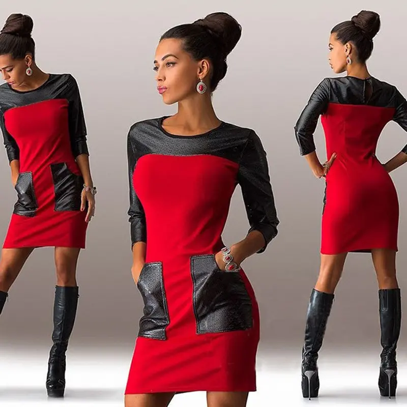 New Fashion Mini Nightclubs Leisure Pu Leather Stitching Pocket Dress 5