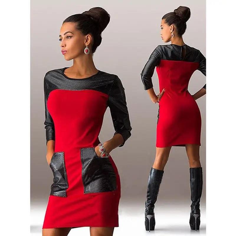 New Fashion Mini Nightclubs Leisure Pu Leather Stitching Pocket Dress 6