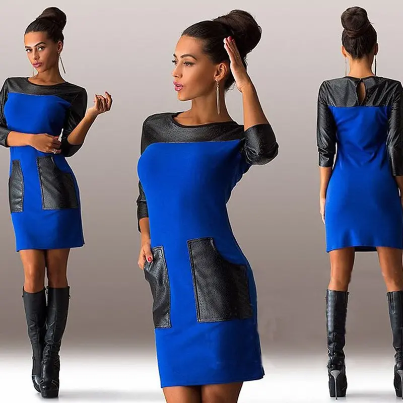 New Fashion Mini Nightclubs Leisure Pu Leather Stitching Pocket Dress 7