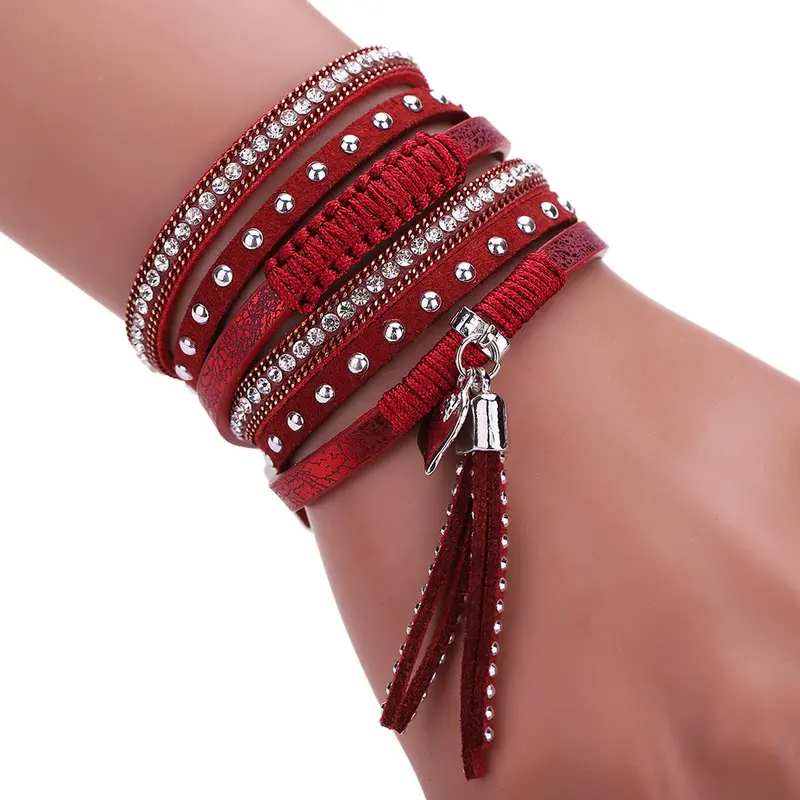 New Fashion Multilayer Leather Tassels Magnet Bracelet Crystal Rhinestone Wrist Strap Jewelry Feminina Magnetic Buckle Bangles 1