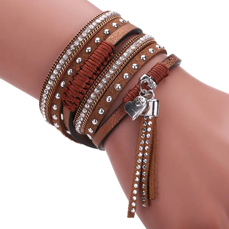 New Fashion Multilayer Leather Tassels Magnet Bracelet Crystal Rhinestone Wrist Strap Jewelry Feminina Magnetic Buckle Bangles 2