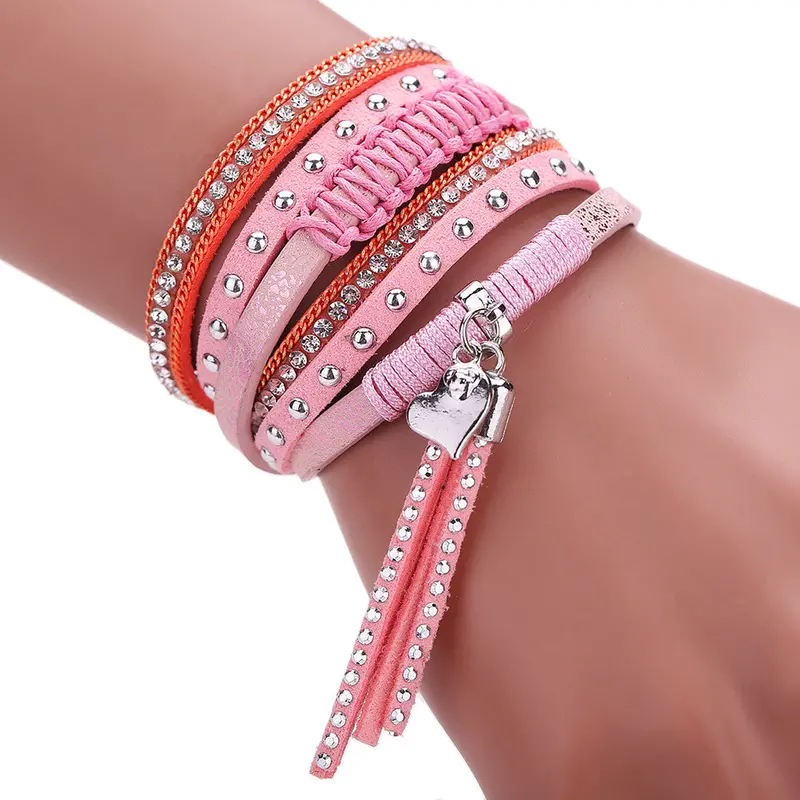 New Fashion Multilayer Leather Tassels Magnet Bracelet Crystal Rhinestone Wrist Strap Jewelry Feminina Magnetic Buckle Bangles 3