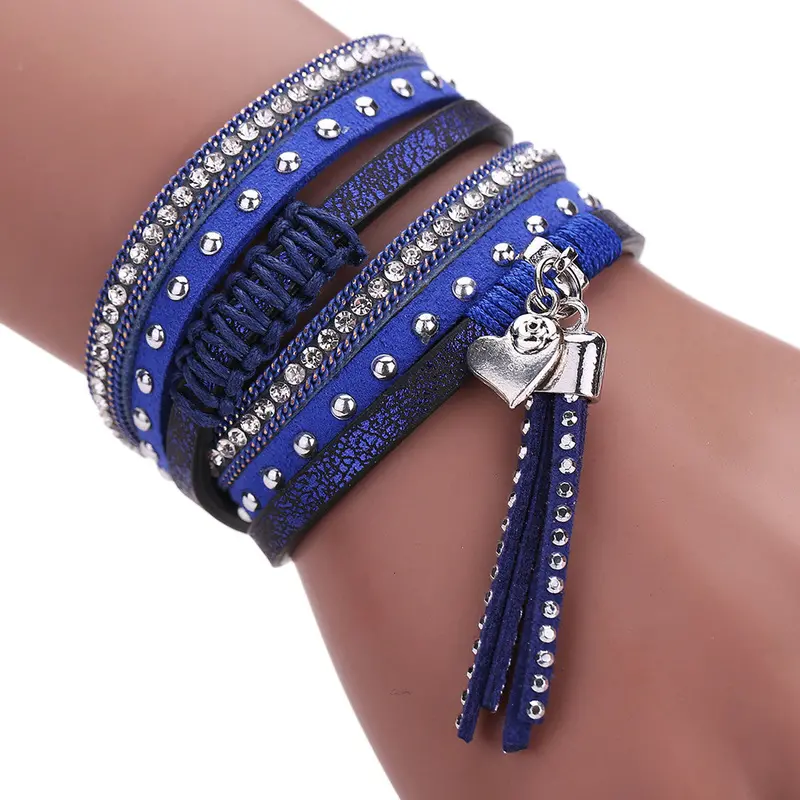 New Fashion Multilayer Leather Tassels Magnet Bracelet Crystal Rhinestone Wrist Strap Jewelry Feminina Magnetic Buckle Bangles 4