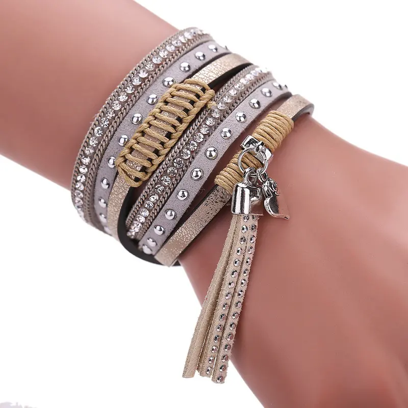 New Fashion Multilayer Leather Tassels Magnet Bracelet Crystal Rhinestone Wrist Strap Jewelry Feminina Magnetic Buckle Bangles 5