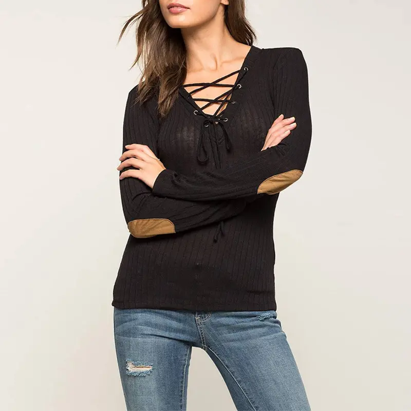 New Fashion Top Shirt Sexy Lacing V Neck Long Sleeve V-Neck Solid Color T Shirt Women Tops Camisetas Mujer Crop Tee Shirt Femme 1