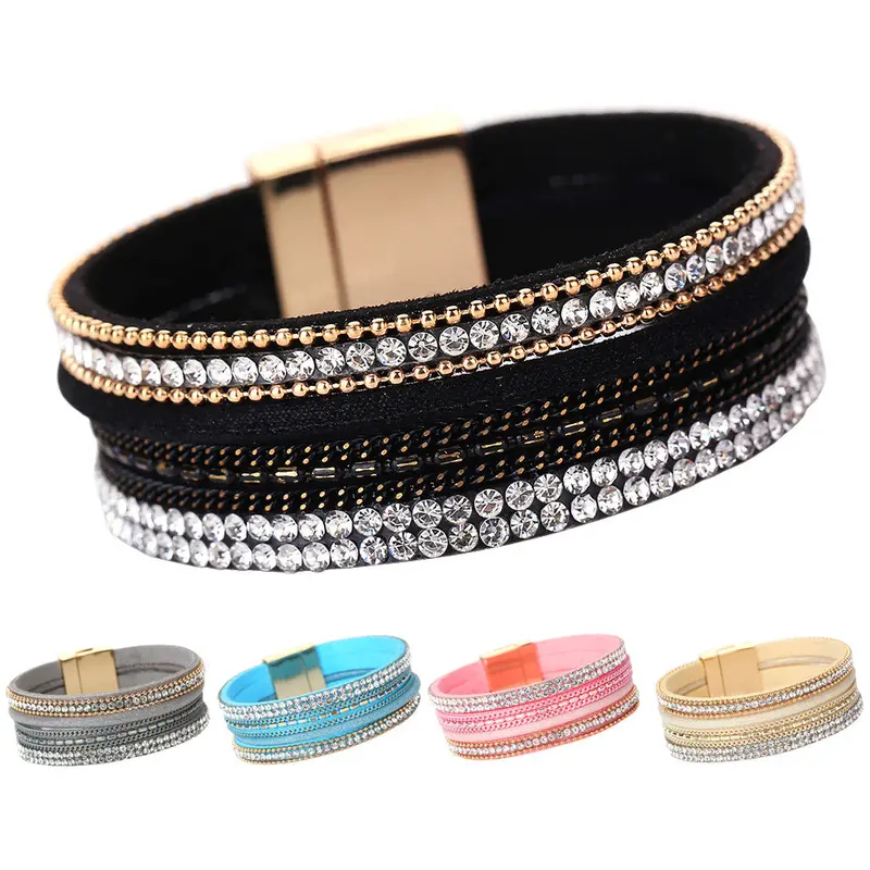 New Fashion Women Alloy Crystal Top Magnetic Leather Bracelets Alloy Wide Multilayey Bangles Fashion Jewelry 3