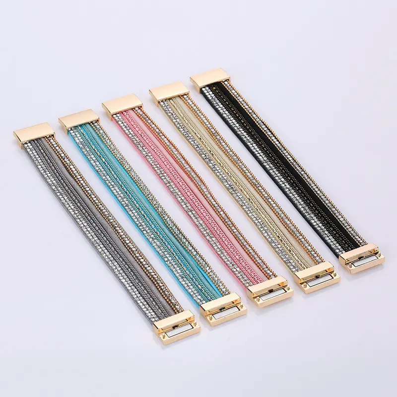 New Fashion Women Alloy Crystal Top Magnetic Leather Bracelets Alloy Wide Multilayey Bangles Fashion Jewelry 4