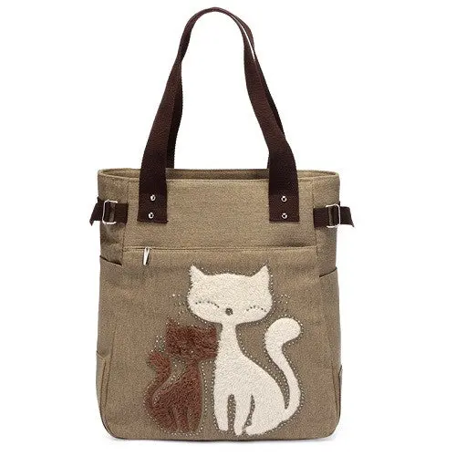 New Fashion Women Bag Handbag Canvas Bag With Cute Cat Appliques Portable Causal Ladies Clutch Small Bolsa Feminina 1
