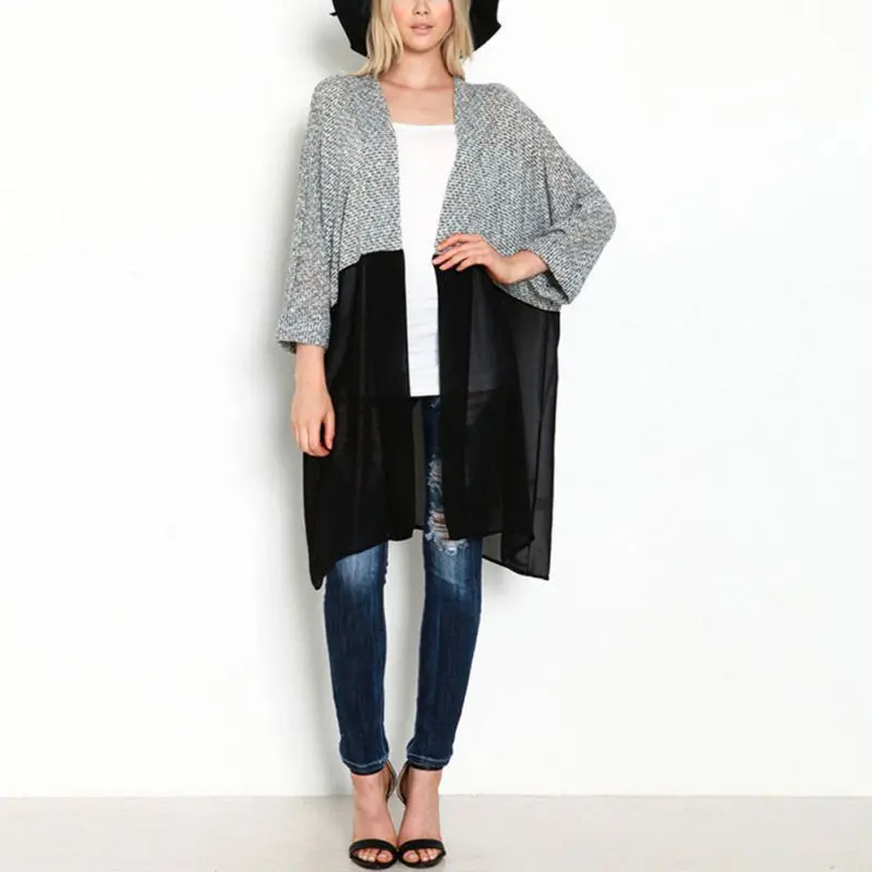 New Fashion Women Bat Sleeved Long Casual Coat Cardigan Knitted Patchwork Shirt 1