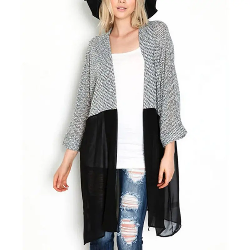 New Fashion Women Bat Sleeved Long Casual Coat Cardigan Knitted Patchwork Shirt 2