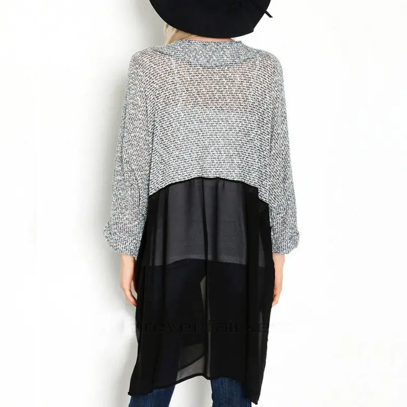 New Fashion Women Bat Sleeved Long Casual Coat Cardigan Knitted Patchwork Shirt 3