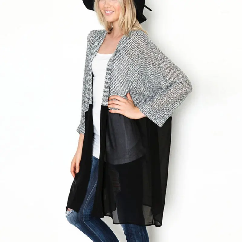 New Fashion Women Bat Sleeved Long Casual Coat Cardigan Knitted Patchwork Shirt 4