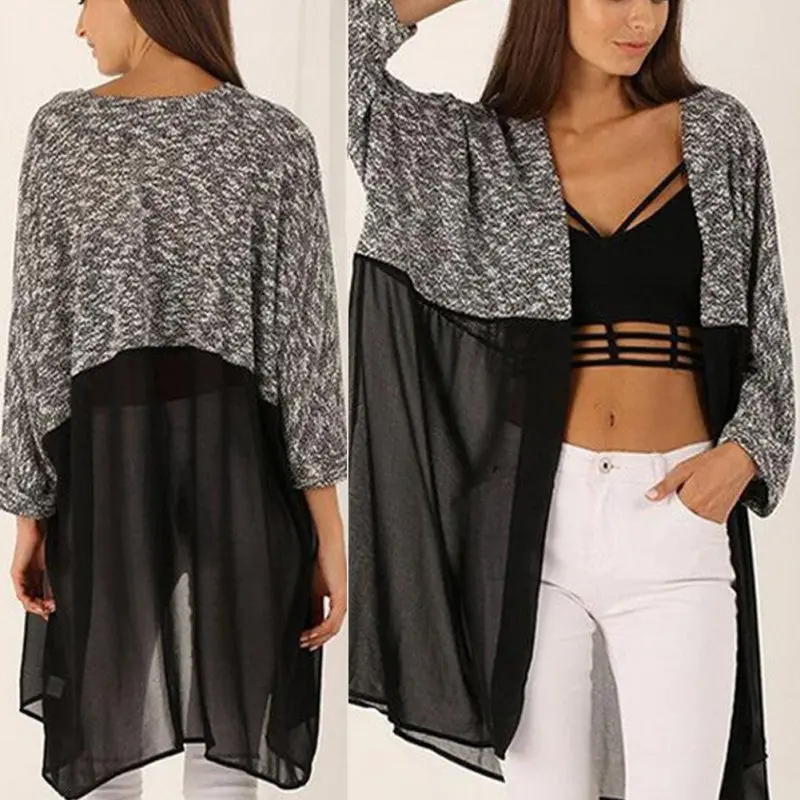 New Fashion Women Bat Sleeved Long Casual Coat Cardigan Knitted Patchwork Shirt 5