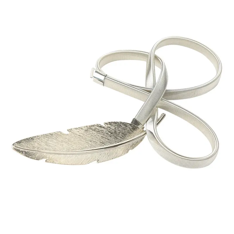 New Fashion Women Belt Leaf Clasp Front Stretchy Elastic Belt Elegant Ladies Slim Skinny Waist Strap Girls Gold/Silver Belt 2