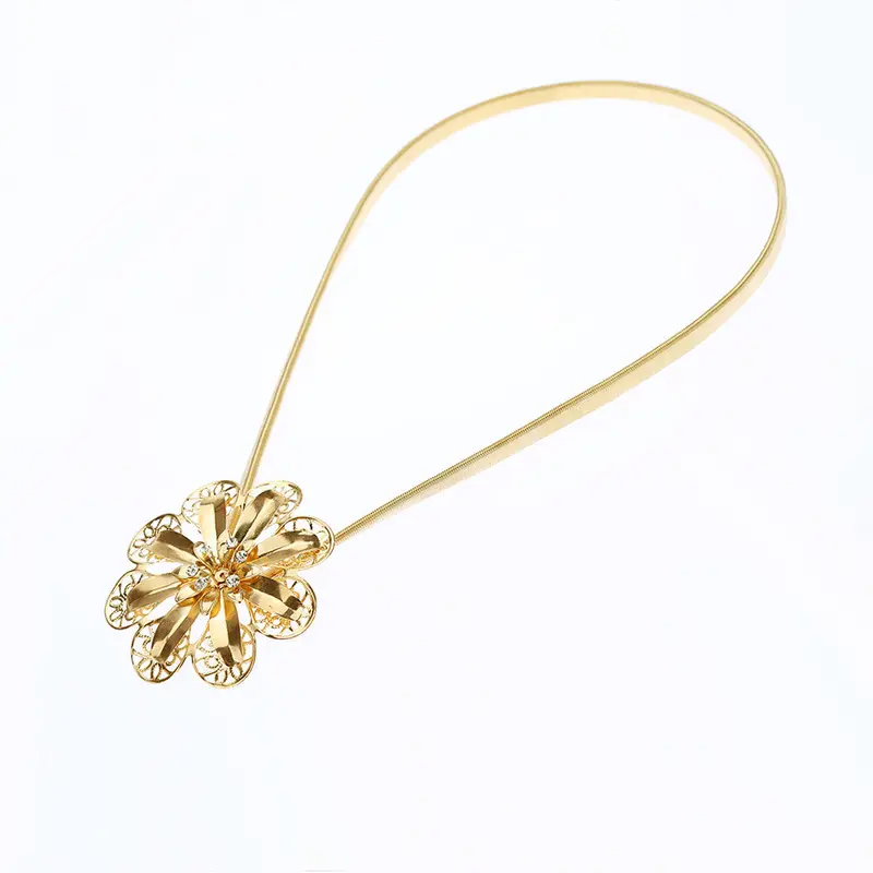 New Fashion Women Belt Metal Gold Tone Finish Floral Rhinestone Hollow Out Stretchy Chain Womens Belts Golden Wholesale 1