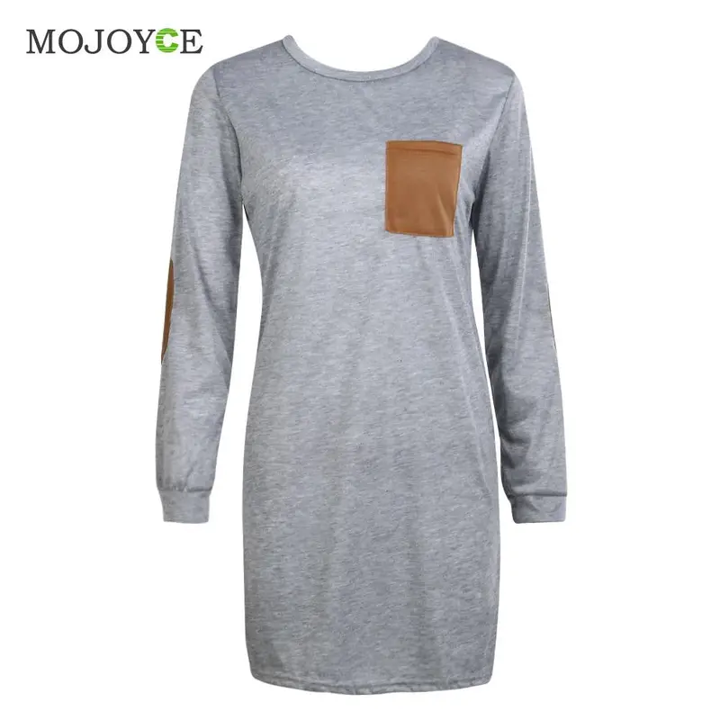 New Fashion Women Elbow Patch Shift Color Block Top T-Shirt Gray Long Tee T Shirt Women Crop Top Blusa Tops Camisas Femininas 2