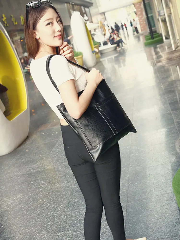 New Fashion Women Handbag Pu Leather Zipper Grab Handle Double Pocket Totes Shoulder Bag 1