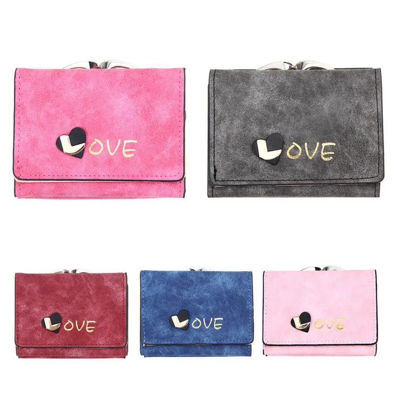 New Fashion Women Heart Wallets Nubuck Leather Wallet Women's Short Design Purse Retro Clutch Card Holder Purse 2