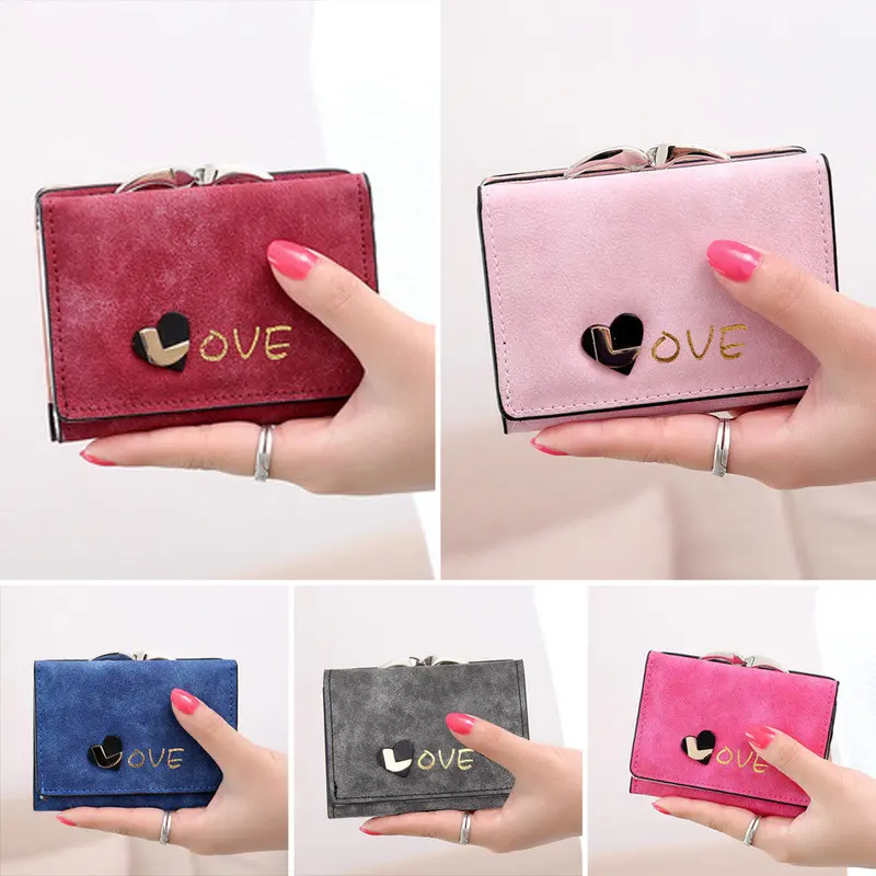 New Fashion Women Heart Wallets Nubuck Leather Wallet Women's Short Design Purse Retro Clutch Card Holder Purse 3