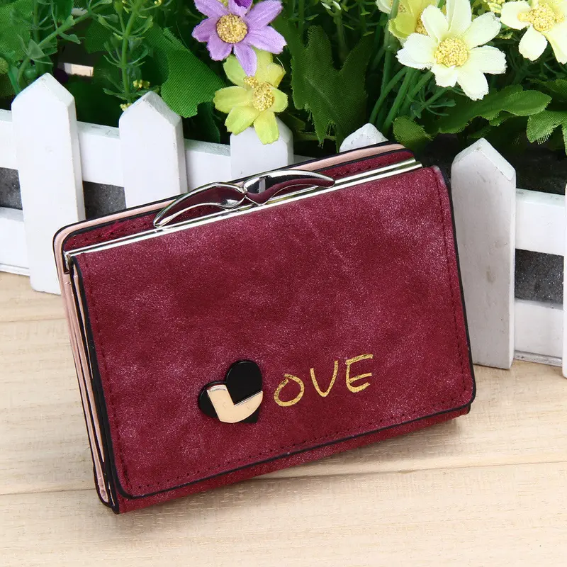 New Fashion Women Heart Wallets Nubuck Leather Wallet Women's Short Design Purse Retro Clutch Card Holder Purse 4