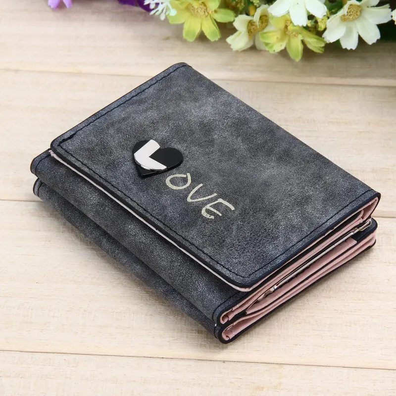 New Fashion Women Heart Wallets Nubuck Leather Wallet Women's Short Design Purse Retro Clutch Card Holder Purse 5