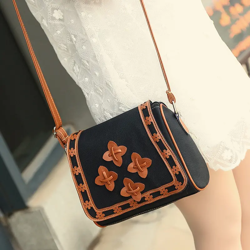 New Fashion Women Solid Pu Leather Handbag Shoulder Bags Lady Messenger Bag Candy Crossbody Bags Flower Decoor 1