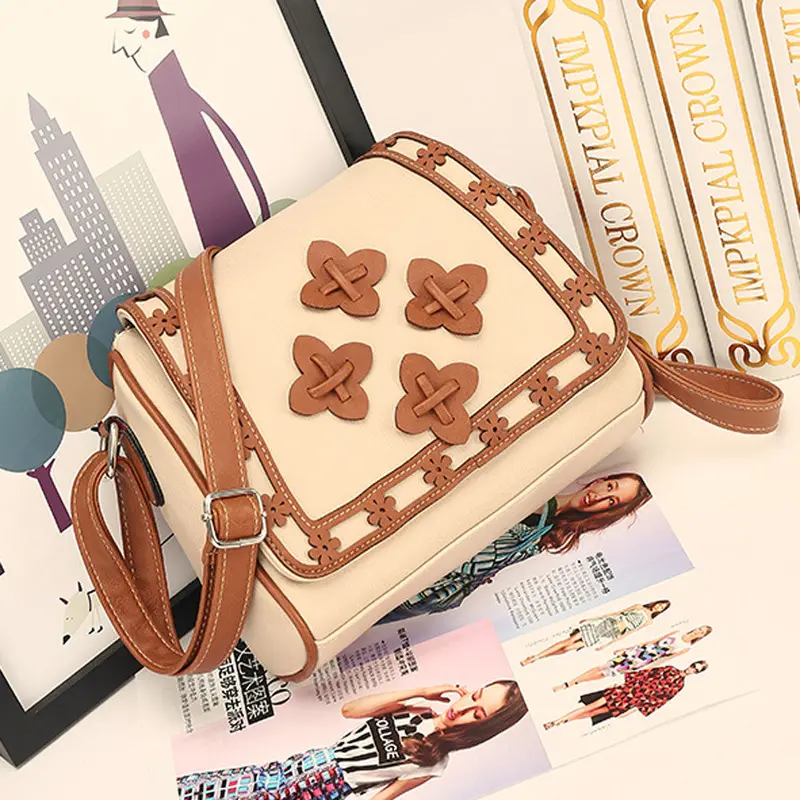 New Fashion Women Solid Pu Leather Handbag Shoulder Bags Lady Messenger Bag Candy Crossbody Bags Flower Decoor 2