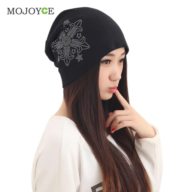 New Fashionable Warm Women Hat Diamond Floral Knit Gorro Beanie Hip Hop Cap Hats For Women Gorras Planas Slouch Skullies Bonnet 1