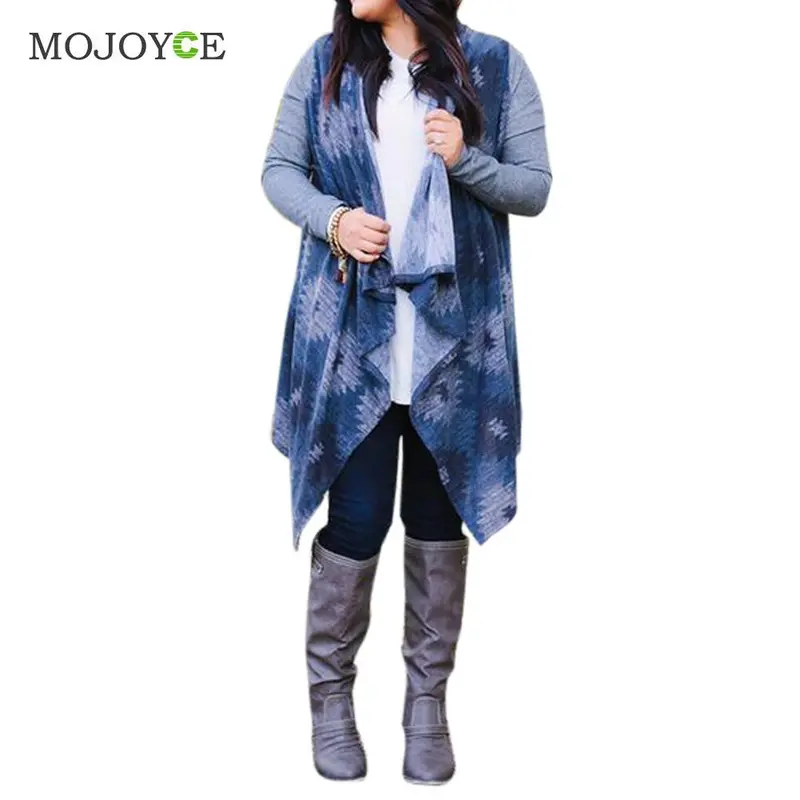 New Floral Print Cardigan Women Irregular Long Sleeve Knitted Sweater Blue Knit Cotton Cardigan Open Front Coat Top Plus Size 1
