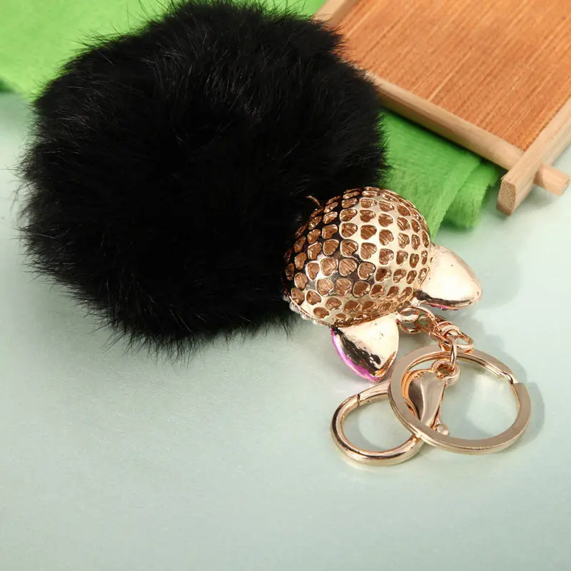 New Fox Fur Pearl Rhinestone Ball Top Car Key Ring Bag Charm Key Chains Christamas Gift For Girl 1