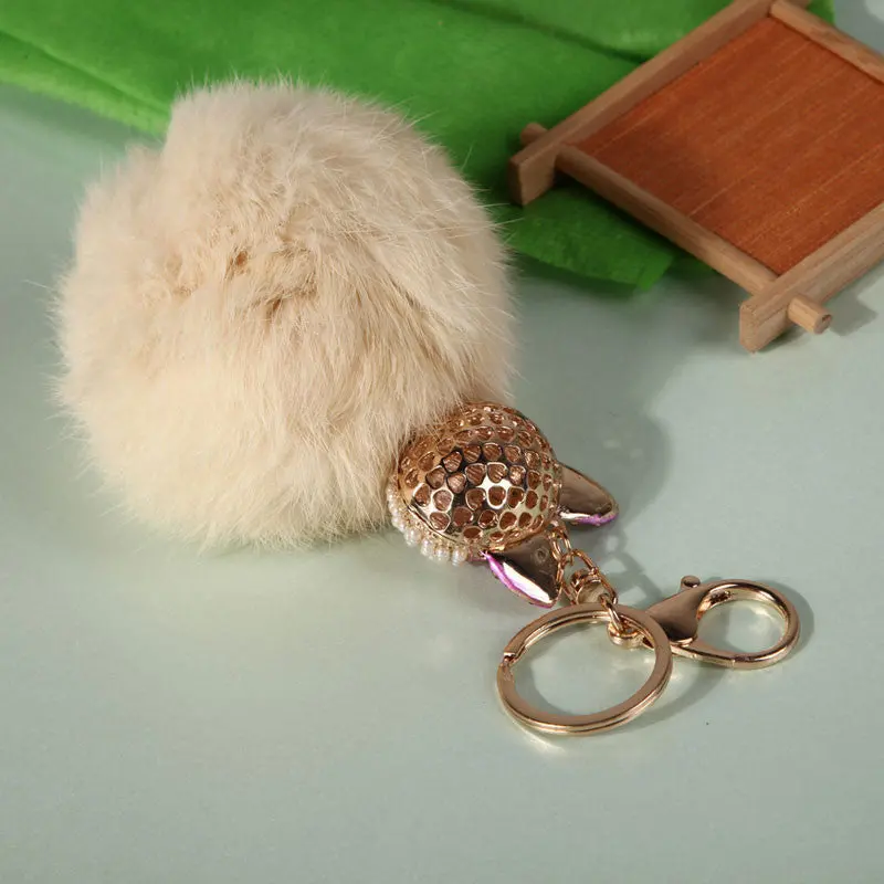 New Fox Fur Pearl Rhinestone Ball Top Car Key Ring Bag Charm Key Chains Christamas Gift For Girl 10
