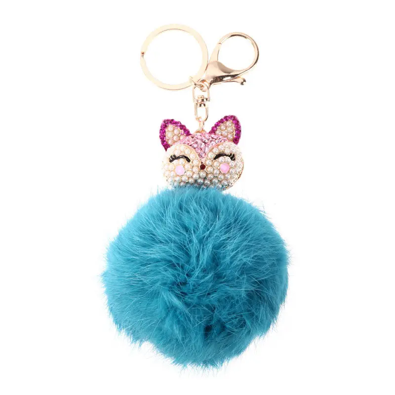 New Fox Fur Pearl Rhinestone Ball Top Car Key Ring Bag Charm Key Chains Christamas Gift For Girl 11