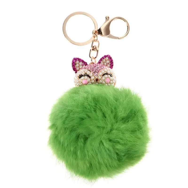 New Fox Fur Pearl Rhinestone Ball Top Car Key Ring Bag Charm Key Chains Christamas Gift For Girl 2